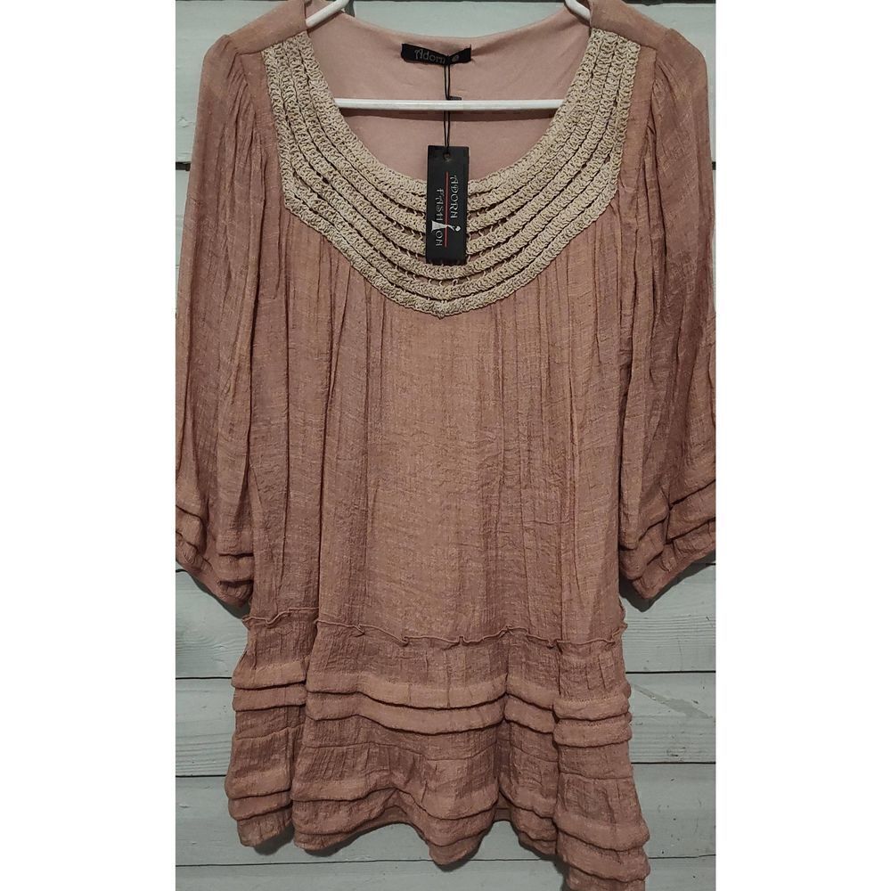 Pink tiered lined blouse with crochet neckline NWT Size S. Adorn Fashion